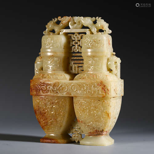 CHINESE NEPHRITE JADE LINKED SQUARE VASES WITH DRAGON LIDDERS