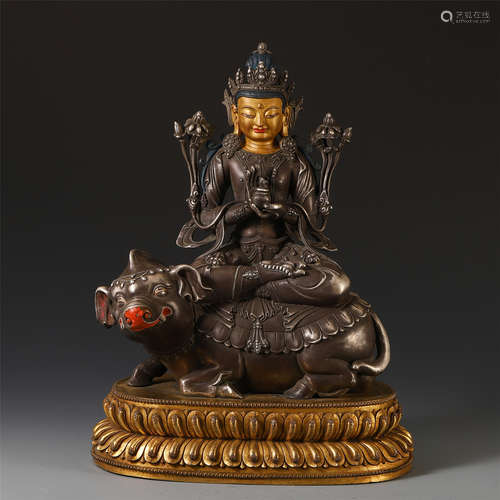 CHINESE PARTLY GILT SILVER SEATED GUANYIN ON ELEPHANT