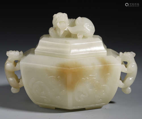 CHINESE GREY JADE BEAST HANDLE LIDDED HEXAGONAL JAR