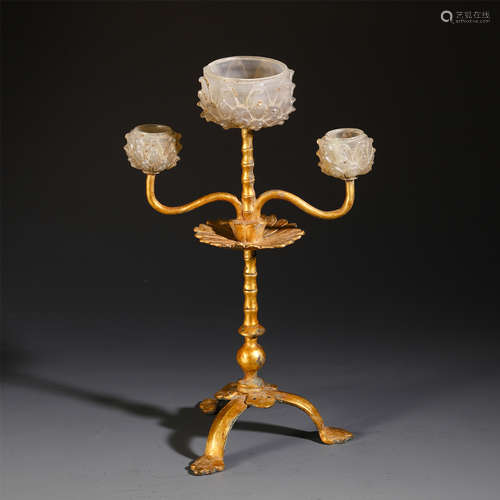 CHINESE JADE LOTUS CANDLE HOLDER ON GILT BRONZE STAND