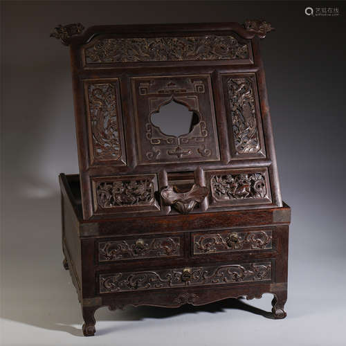 CHINESE HARDWOOD ZITAN MIRROR HOLDER AND JEWELRY CASE