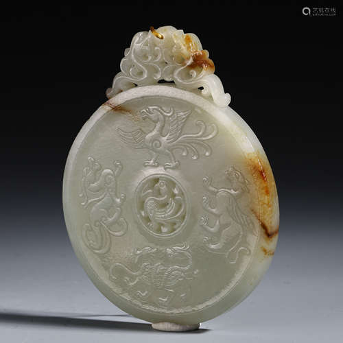 CHINESE GREY JADE BEAST ROUND BI DISK PLAQUE