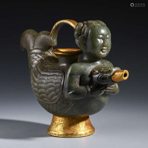 CHINESE SPINACH JADE GILT BRONZE FIGURES KETTLE