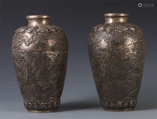 PAIR OF CHINESE SILVER FIGURES AND STORY VASES