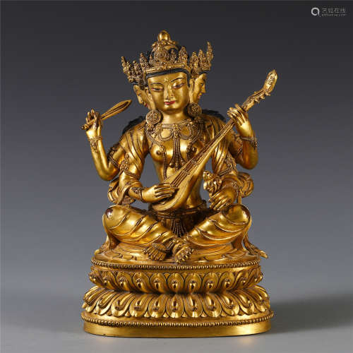 CHINESE GILT BRONZE SEATED GUANYIN WITH PIPA
