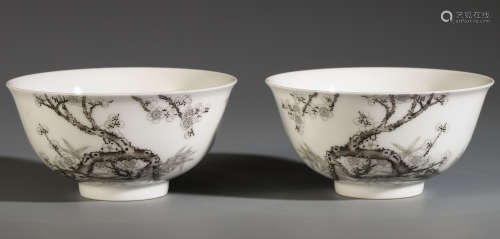 PAIR OF CHINESE PORCELAIN INK PAINTED BIRD AND FLOWER BOWLS