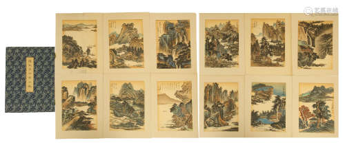 TWEELVE PAGES OF CHINESE ALBUM PAINTING OF MOUNTAIN VIEWS