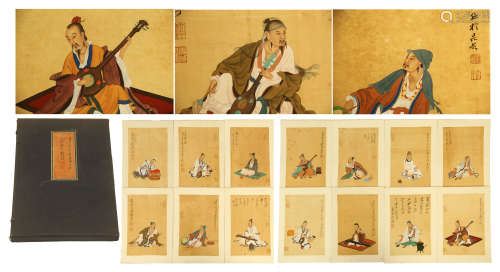 FORTEEN PAGES OF CHINESE ALBUM PAINTING OF SEATED FIGURES
