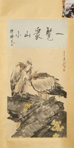 CHINESE SCROLL PAINTING OF EAGLES ON ROCK