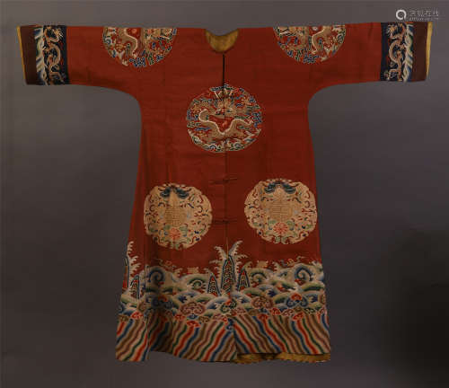 CHINESE RED EMBROIDERY ROUND DRAGON IMPERIAL ROBE