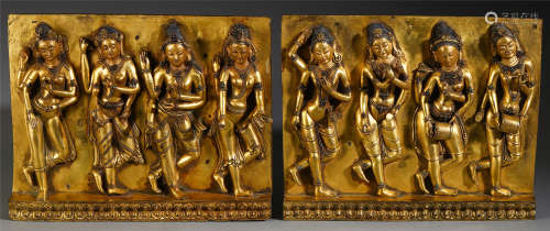 PAIR OF TIBETAN GILT BRONZE BUDDHA PLAQUES