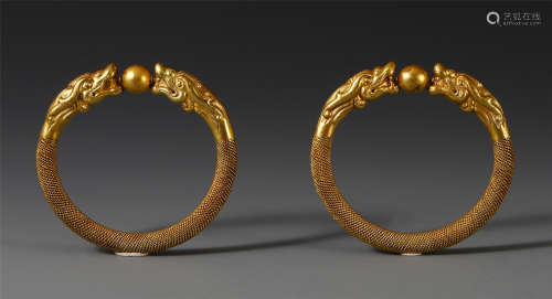 PAIR OF CHINESE PURE GOLD DRAGON BANGLES