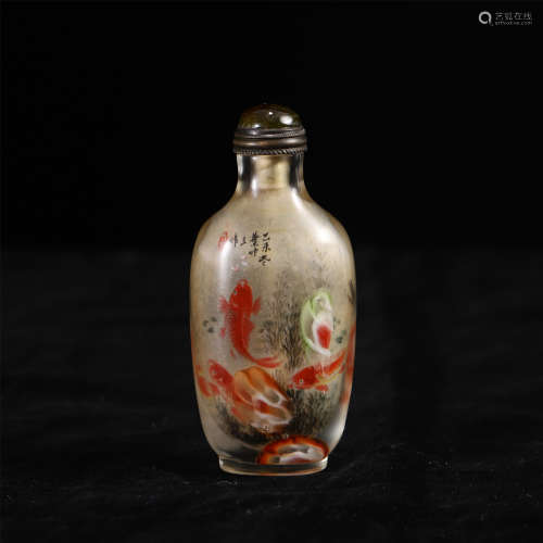 CHINESE ROCK CRYSTAL INSIDE PAINTED FISH SNUFF BOTTLE