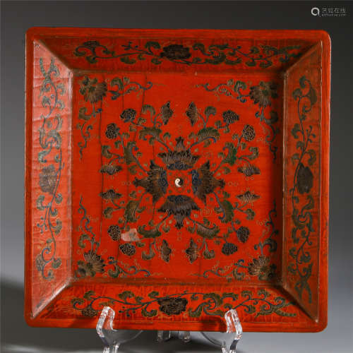 CHINESE RED LACQUERED FLOWER SQUARE TRAY