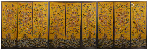 NINE PANELS OF CHINESE EMBROIDERY KESI DRAGON TAPESTRY