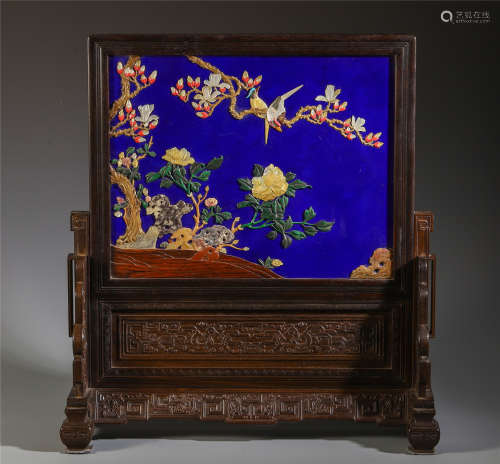 CHINESE GEM STONE INLAID BLUE LACQUER HARDWOOD ZITAN TABLE SCREEN