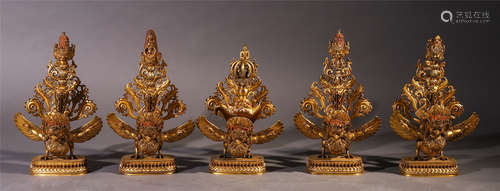 FIVE TIBETAN GILT BRONZE SEATED GARUDA