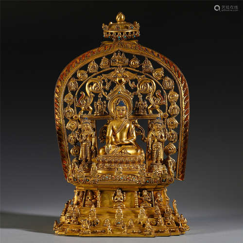 CHINESE GILT BRONZE SEATED SAKAYMUNI ON NICHE