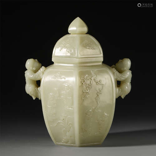 CHINESE YELLOW JADE BOY HANDLE LIDDED HEXAGONAL VASE