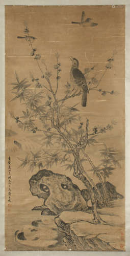 CHINESE SCROLL PAINTING OF BIRD ON BAMBOO