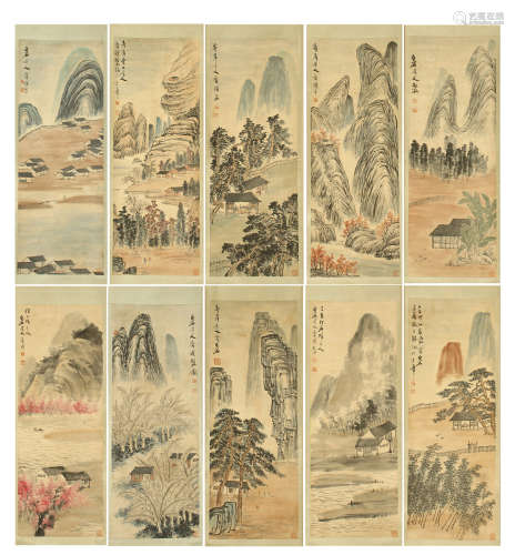 TEN PANELS OF CHINESE SCROLL PAINTING OF MOUNTAIN VIEWS