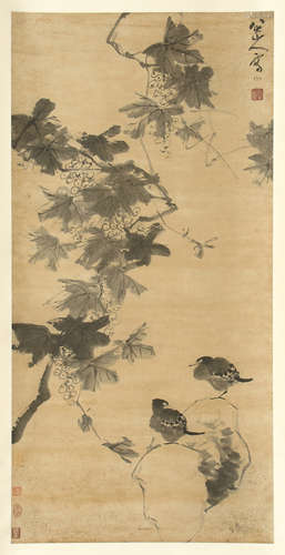 CHINESE SCROLL PAINTING OF BIRD ON ROCK