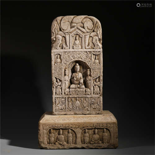 CHINESE STONE BUDDHIST PLAQUE WITH STAND NORTHERN WEI DYNASTY PROVENANCE: FROM THE COLLECTION OF CHRISTINE LATTY (1899-1981)