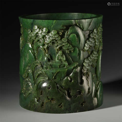 CHINESE SPINACH JADE MOUNTAIN VIEWS BRUSH POT