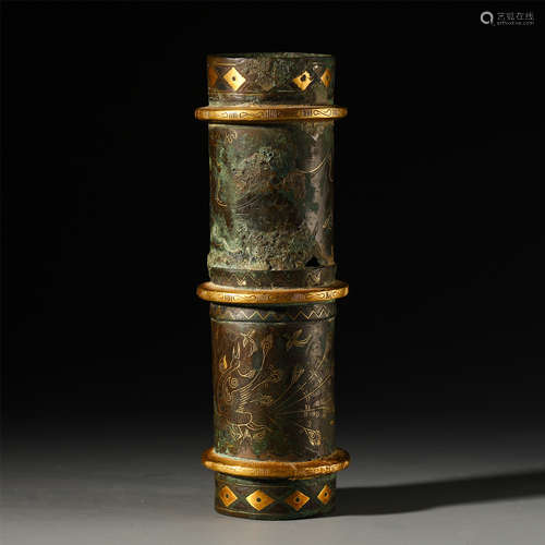 CHINESE GOLD INLAID BRONZE FLOWER HOLDER