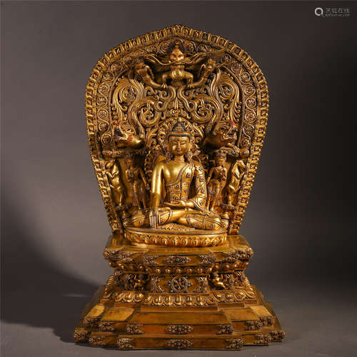 TIBETAN GILT BRONZE SEATED SAKAYMUNI ON NICHE