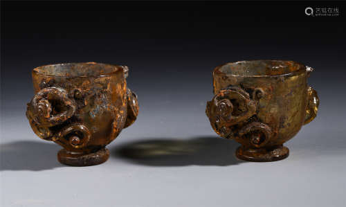 PAIR OF CHINESE TEA ROCK CRYSTAL CUPS