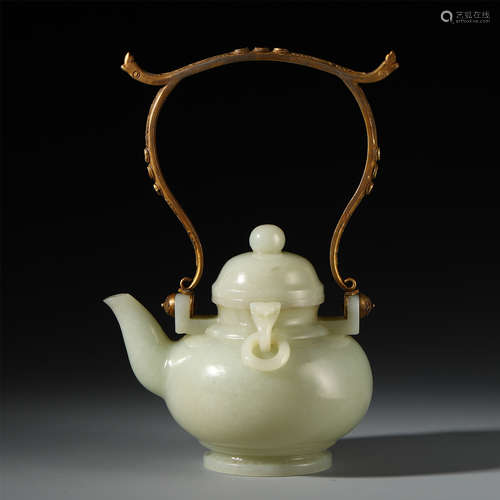 CHINESE YELLOW JADE LONG GILT BRONZE HANDLE TEA POT