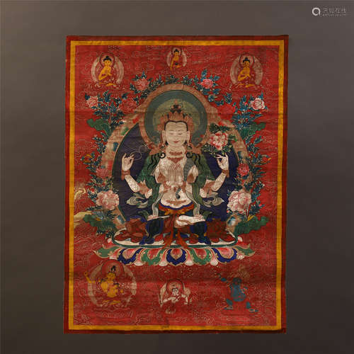 TIBETAN RED THANGKA OF SEATED GUANYIN