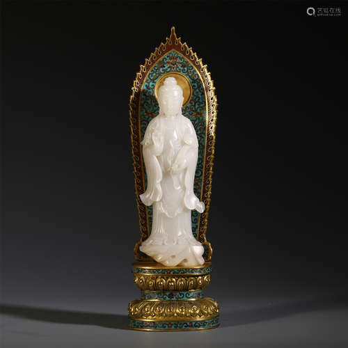 CHINESE WHITE JADE STANDING GUANYIN ON CLOISONNE NICHE