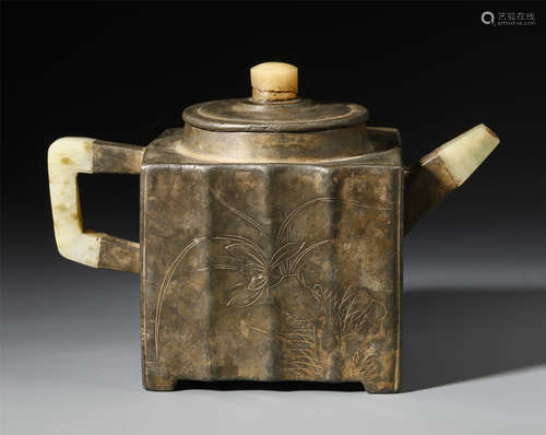 CHINESE JADE SILVER SQUARE TEA POT