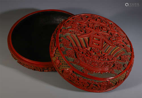 LARGE CHINESE CINNABAR ROUND LIDDED BOX