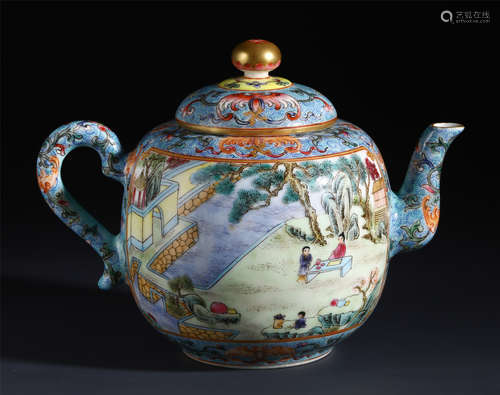 CHINESE PORCELAIN FAMILLE ROSE FIGURES TEA POT