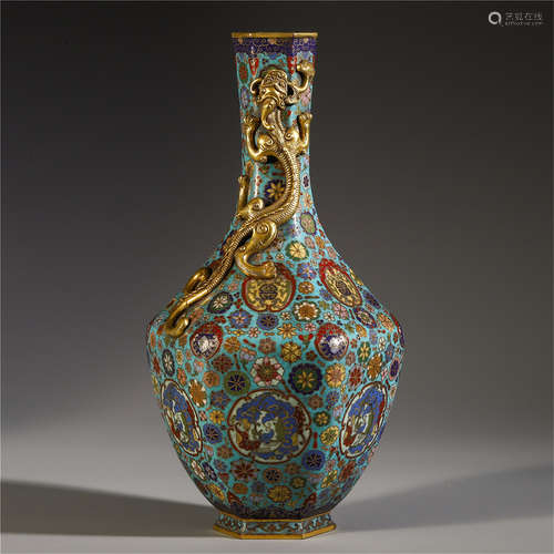 CHINESE CLOISONNE DRAGON HEXAGONAL VASE