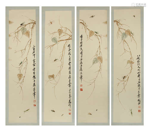 FOUR PANELS OF CHINESE SCROLL PAINTING OF INSECT AND LEAF