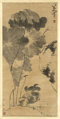 CHINESE SCROLL PAINTING OF BRID AND LOTUS