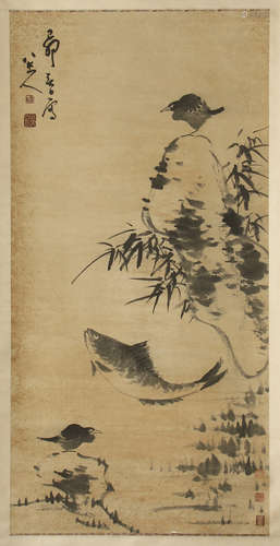 CHINESE SCROLL PAINTING OF BIRD ON ROCK