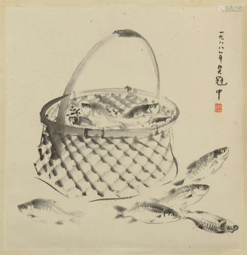 CHINESE SCROLL PAINTING OF FISH IN BASKET