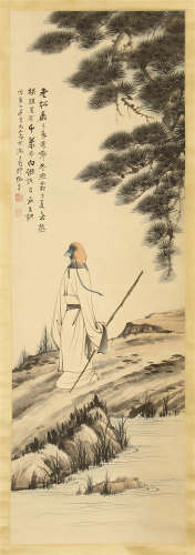 CHINESE SCROLL PAINTING OF MAN IN WOOD