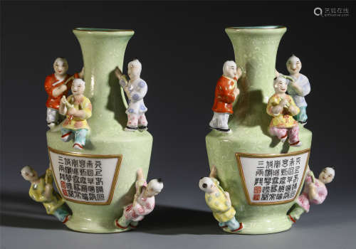 PAIR OF CHINESE PORCELAIN GREEN GLAZE BOY PLAYING POEM VASES