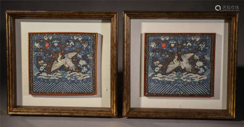 PAIR OF CHINESE EMBROIDERY CRANE OFFICIAL RANK BADGE