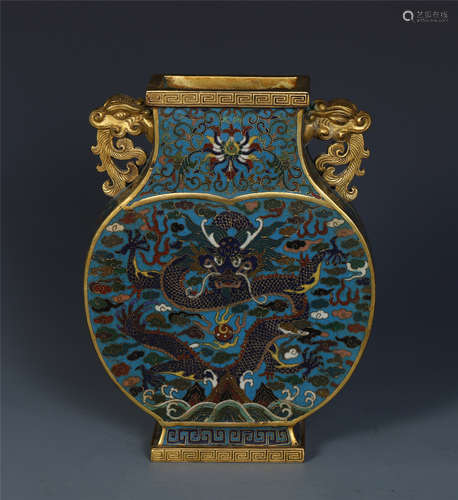 CHINESE CLOISONNE DRAGON FLATTEN SQUARE VASE