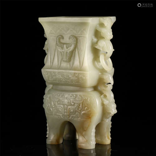 CHINESE YELLOW JADE DRAGON HANDLE FOUR FEET SQUARE VASE