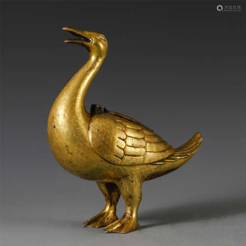CHINESE GILT BRONZE DUCK INCENSE CAGE