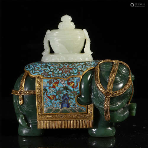 CHINESE CLOISONNE SPINACH JADE ELEPHANT WITH YELLOW JADE VASE