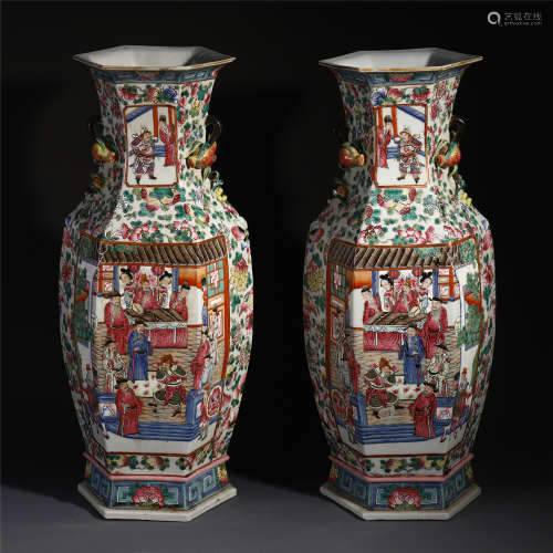PAIR OF LARGE CHINESE PORCELAIN FAMILLE ROSE FIGURES VASES